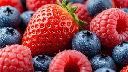 Fresh mixed berries including strawberries, raspberries, and blueberries piled together perfect for Berry Fresh Month