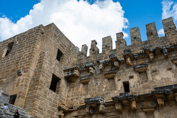 Aspendos Ancient Theater in Antalya, Turkey. Aspendus (Attic: Ἄ&sigma;&pi;&epsilon;&nu;&delta;&omicron;&sigmaf;; Pamphylian: &Epsilon;&sigma;&tau;ϝ&epsilon;&delta;&upsilon;&sigmaf;) was an ancient Greco-Roman city in Antalya province of Turkey. The site is located 40 km east of the moder
