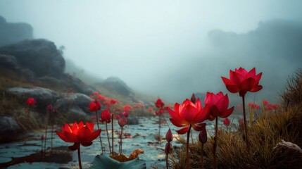 Obraz premium Misty mountain landscape with vibrant red lotus flowers in tranquil pond.