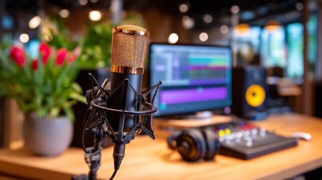 Professional condenser microphone setup in an audio recording studio environment