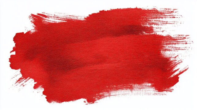 Vibrant red paint brush stroke on white background displaying bold texture.
