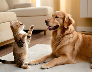 dog and cat playing, Happy dog and cat raising paws. Adorable golden retriever and tabby cat raise their paws in playful greeting