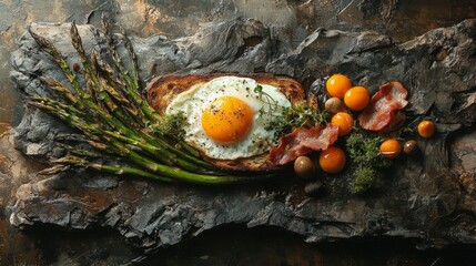 A colourful breakfast with eggs, bacon, asparagus and citrus fruits on a stone surface demonstrates healthy eating, which is perfect for the background of culinary blogs or advertisements 