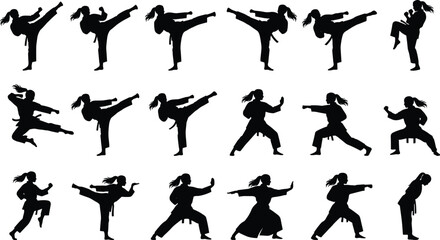 Black female martial artist silhouette set showing karate and taekwondo kicking, punching, and fighting poses isolated on white background for self defense, sport, and combat training concepts © Shariyar Pantho