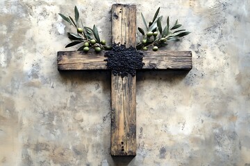 A rustic wooden cross is adorned with ashes and olive leaves on textured concrete, ideal for Easter and Lenten marketing materials focusing on reflection and faith.