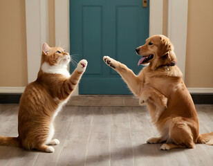 dog and cat playing, Happy dog and cat raising paws. Adorable golden retriever and tabby cat raise their paws in playful greeting