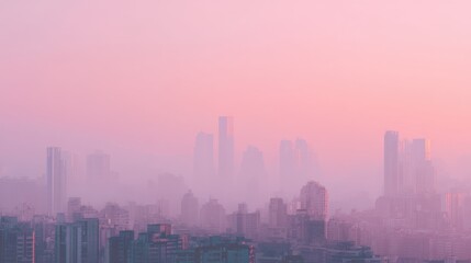Fototapeta premium Serene cityscape at dawn with pastel hues and misty skyline.