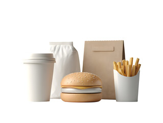 Fast food meal with burger, fries, and coffee on black