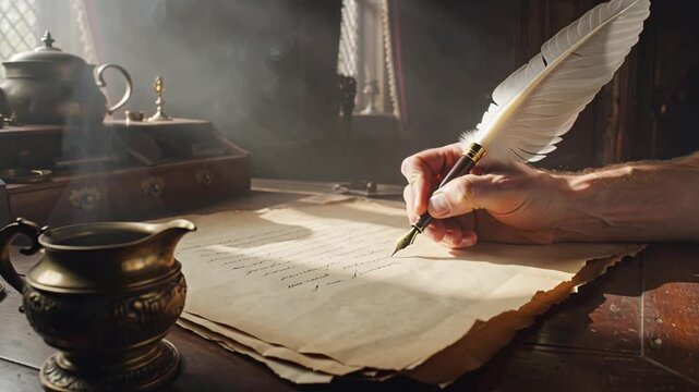 a hand writes with a quill pen in an ancient manuscript