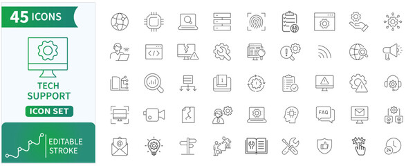 Tech Support Line Icon Set – IT Help Desk, Customer Service, Technical Assistance, Editable Stroke Vector Icons