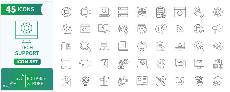 Tech Support Line Icon Set &ndash; IT Help Desk, Customer Service, Technical Assistance, Editable Stroke Vector Icons