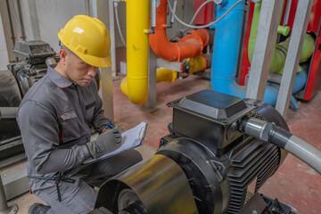 Asian engineer wearing glasses working in the boiler room,maintenance checking technical data of heating system equipment,Thailand people