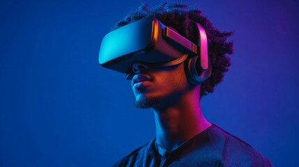 A man wearing illuminated VR glasses immerses himself in virtual reality — a vivid visual backdrop for discussing technological innovations.