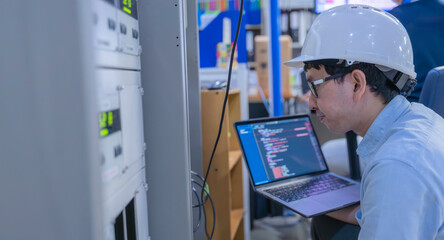 Electrical engineer male checking voltage at the Power Distribution Cabinet in the control room,preventive maintenance Yearly,inspecting power system and control panel in industrial factory