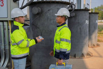 Professional Asian engineers inspecting industrial water pump machinery. Two technicians checking maintenance records on a clipboard at an outdoor construction site factory facility.