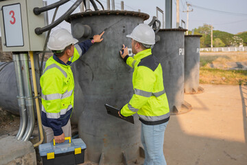 Professional Asian engineers inspecting industrial water pump machinery. Two technicians checking maintenance records on a clipboard at an outdoor construction site factory facility.