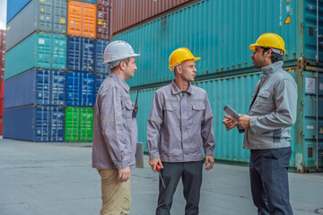 Team of professional logistic engineers inspecting shipping containers at a busy cargo port. Men pointing and discussing global export business plans using a digital tablet technology.