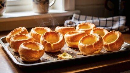 A baking tray of freshly baked golden brown yorkshire puddings on a wooden kitchen countertop near a window with a tea towel perfect for British Yorkshire Pudding Day