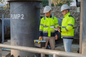 Professional Asian engineers inspecting industrial water pump machinery. Two technicians checking maintenance records on a clipboard at an outdoor construction site factory facility.