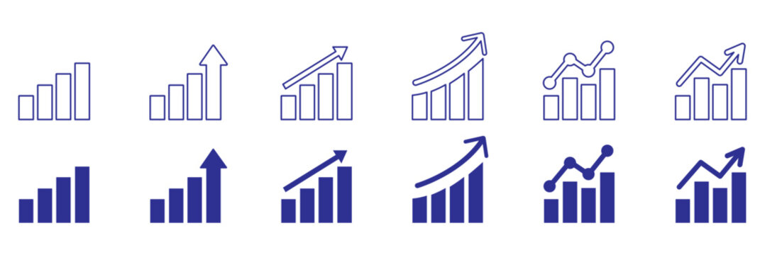Growth icon set. Containing arrow up, growing graph, business chart icons. Vector illustration.