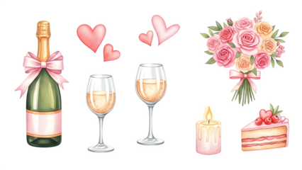 Elegant watercolor illustration of romantic essentials for a heartwarming celebration