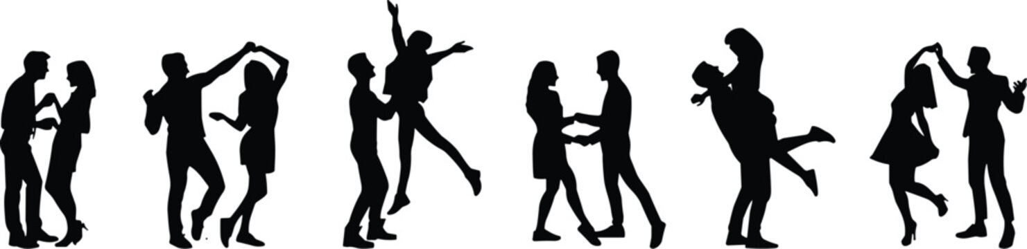 Silhouettes of diverse happy couples dancing and celebrating together at a party, featuring romantic lifts, spins, and joyful energetic wedding movements.