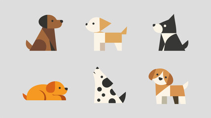 Set of six minimalist flat design dog breed illustrations featuring a dalmatian, beagle, retriever, and more on a light background.
