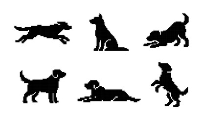 A collection of black pixel art silhouettes of dogs in various poses like running, sitting, and playing, isolated on a white background.