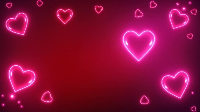 "Neon pink hearts on dark red background, glowing border design, romantic festive love theme"