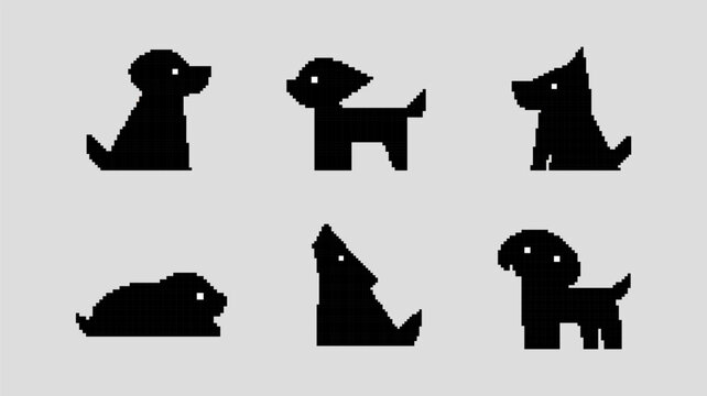 Set of six minimalist pixel art dog silhouettes in various poses on a gray background, ideal for retro gaming, icons, and app design.