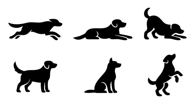 Set of black dog silhouettes in different poses like running, sitting, and lying down, isolated on a white background.