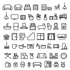 Fototapeta premium Home interior outline 60 line icon set. Furniture and house decoration icons and more symbols. Editable stroke. Vector illustration