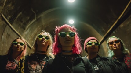 Group of trendy young adults with colorful hair and sunglasses in tunnel.