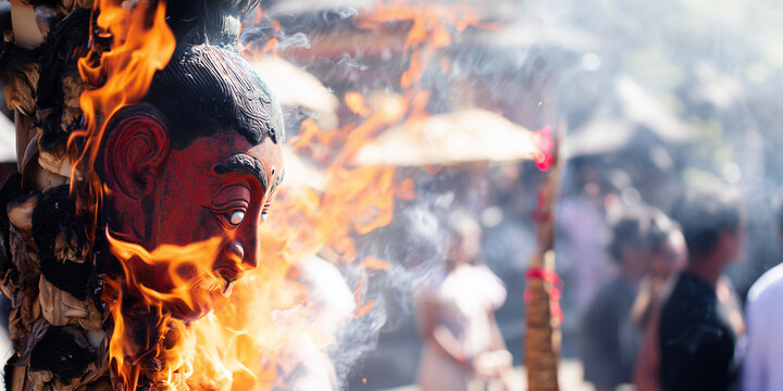 a traditional Balinese cremation ceremony Ngaben in Bali, close-up of a burning ceremonial effigy mask head with carved details 