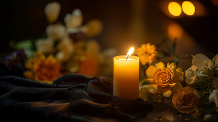 Hyperrealistic commercial stock photo of a memorial scene: lit candle on dark ceremonial fabric surrounded by funeral flowers (roses, marigolds, white blossoms), soft warm flame gl