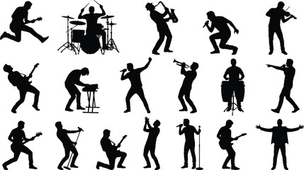 Black musician silhouette set showing rock band performance with guitarist, drummer, singer, saxophone, trumpet, and violin players isolated on white background for music concert concepts