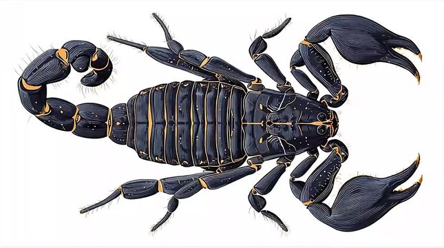 A detailed digital illustration of a scorpion with gold accents on its body and claws, viewed from above on a plain background