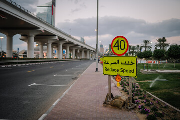 Dubai, United Arab Emirates - January 16, 2026: Road sign indicating speed limit of 40 km/h with palm trees and urban skyline in background