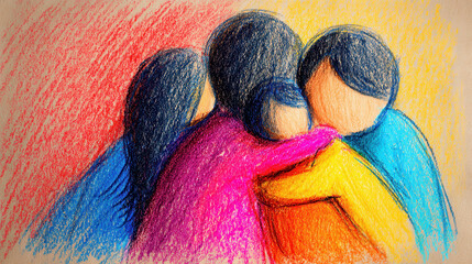 Family hug crayon drawing childlike art colorful sketch parent child love warmth together abstract family hug with no face on textured paper