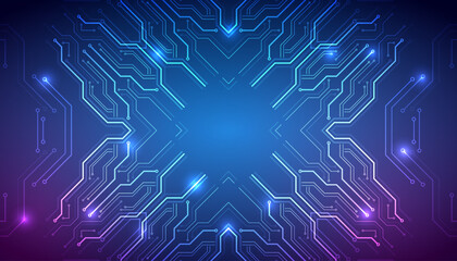 Obraz premium Futuristic abstract technology background with symmetrical glowing circuit lines forming an X shape. Concept of digital network, AI, data processing, cybersecurity and innovation.