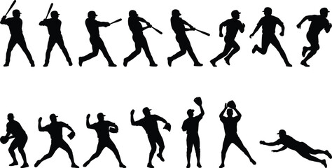 Obraz premium Black silhouette illustration set of baseball players in batting, pitching, throwing, running, catching, and diving actions isolated on white background for sports design use