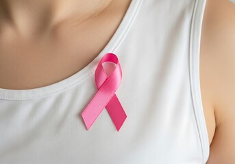Woman Wearing Bright Pink Ribbon Symbolizing Support for Breast Health Awareness