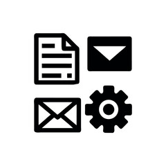 Essential UI Icons Set: Document, Mail, Envelope, and Gear Symbol - Simple Solid and Line Style Glyphs for Modern Web and App Design, Isolated Vector Illustration