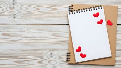 Spiral bound notebook with red hearts on white page