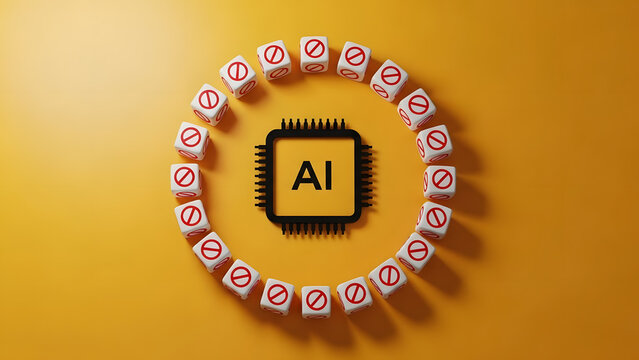 AI chip surrounded by censor symbols, creating restriction