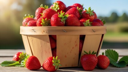 Fresh strawberries in a wooden basket on a table outdoors in a sunny garden setting with green leaves perfect for Fabulous Florida Strawberry Month