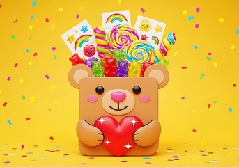 Naklejka premium Adorable Teddy Bear Holding Heart Full of Sweets and Celebration Confetti.