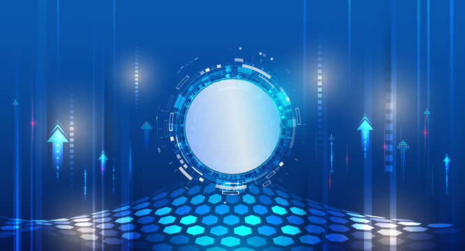 Futuristic blue technology background with a glowing digital interface, circular HUD elements, hexagonal grid floor, and upward arrows symbolizing innovation, data growth, and progress.