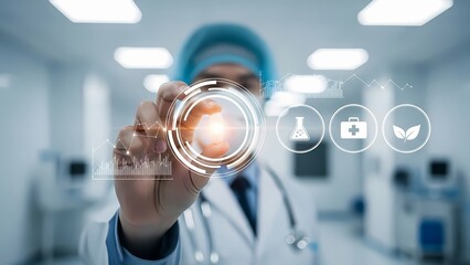 Fototapeta premium Healthcare professional interacting with a futuristic digital interface in a modern hospital