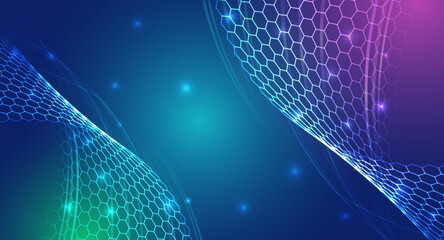 Abstract futuristic background with flowing hexagon mesh waves in blue, cyan and purple light, symbolizing digital networks, data streams and modern high-tech innovation. © arthead